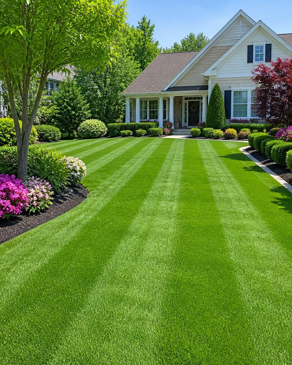 Lush green lawn with perfect mowing stripes and manicured edges